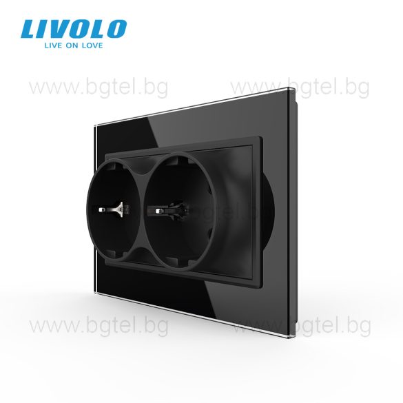 LIVOLO - ДВОЕН КОНТАКТ СЪС СТЪКЛЕНА РАМКА (1 КОНЗОЛА)- ЧЕРЕН - C7-CTF16A+TF16A-BP