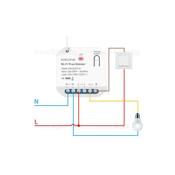 БЕЗЖИЧЕН 2.4G WIFI + 433MHz RF SMART TRIAC ДИМЕР EBELONG ERC2203-W